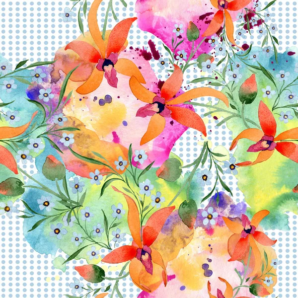 Blaue Und Orangefarbene Blumen Aquarellzeichnung Des Hintergrundes Mit Orchideen Und — Stockfoto