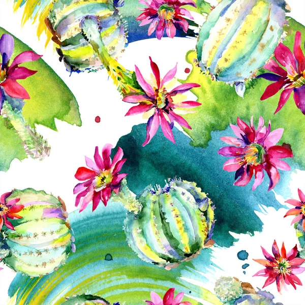 Groene Cactussen Met Roze Bloemen Aquarel Naadloze Achtergrondpatroon — Stockfoto