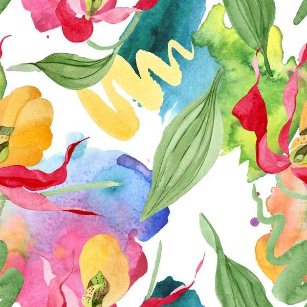 Lady Střevíček Orchideje Tahy Štětce Akvarel Ilustrací Bílém Pozadí Vzor — Stock fotografie