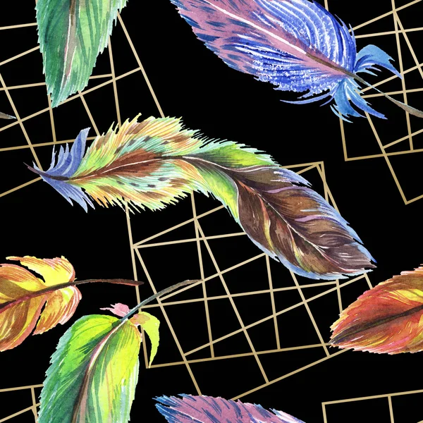 Colorful Feathers Lines Black Background Seamless Background Pattern Fabric Wallpaper — Stock Photo, Image