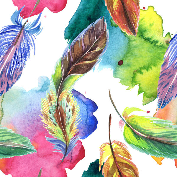 Colorful feathers with abstract paint spills. Seamless background pattern. Fabric wallpaper print texture.