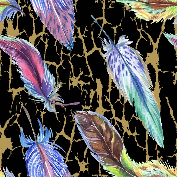 Colorful Feathers Black Textured Background Seamless Background Pattern Fabric Wallpaper — Stock Photo, Image