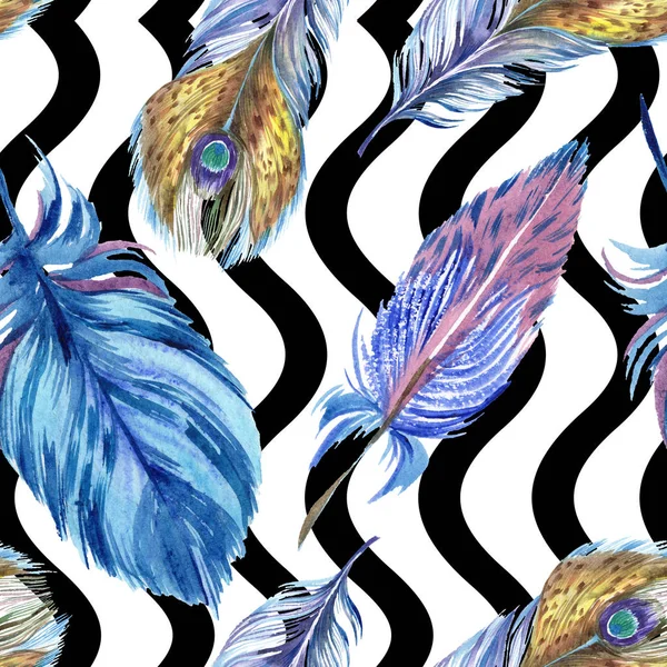 Färgglada Fjädrar Med Abstrakt Vågiga Linjer Vit Bakgrund Sömlös Bakgrundsmönster — Stockfoto