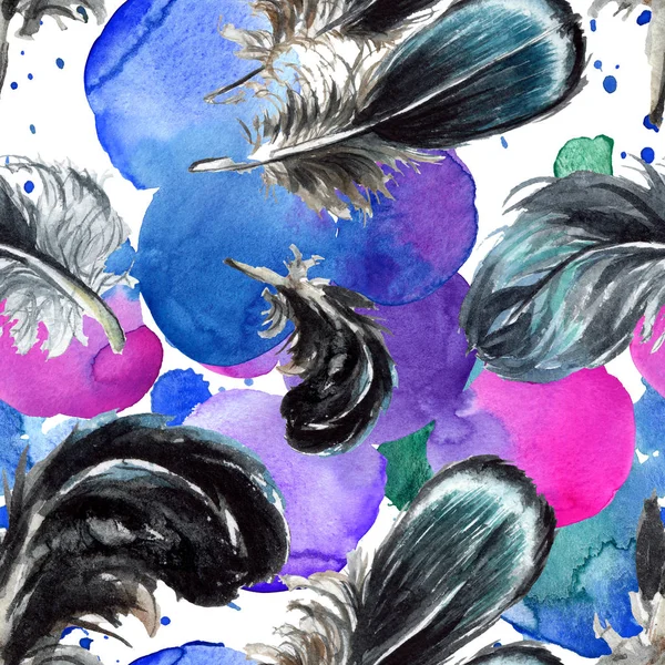 Black Feathers Watercolor Drawing Seamless Background Pattern Fabric Wallpaper Print — Stock Photo, Image