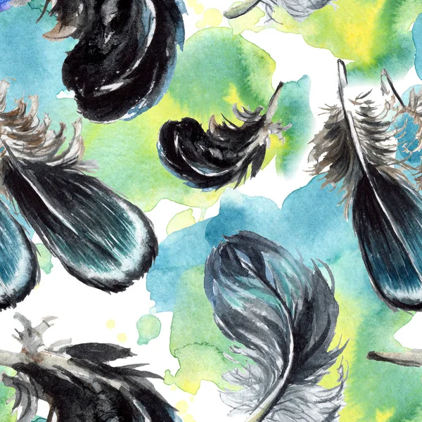 Černé Peří Akvarel Kresba Vzor Bezešvé Pozadí Fabric Tapety Tisku — Stock fotografie