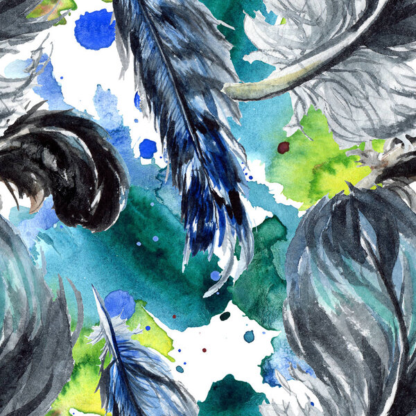 Black feathers watercolor drawing. Seamless background pattern. Fabric wallpaper print texture. 