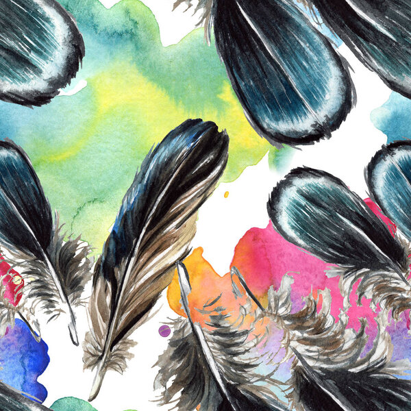 Black feathers watercolor drawing. Seamless background pattern. Fabric wallpaper print texture. 