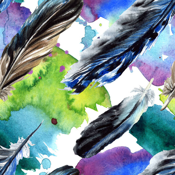 Black feathers watercolor drawing. Seamless background pattern. Fabric wallpaper print texture. 
