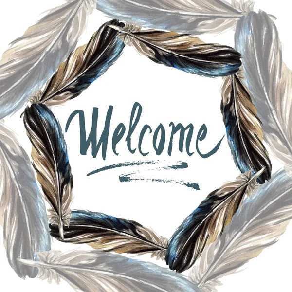 Black Feathers Isolated Watercolor Illustration Frame Border Welcome Lettering — Stock Photo, Image