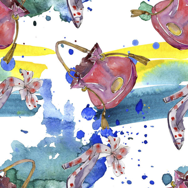 Иллюстрация модных аксессуаров в акварельном стиле. Бесшовный рисунок фона. Текстура ткани для печати обоев
.