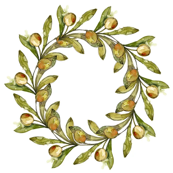 Frame with green olives watercolor background illustration set. Watercolour drawing fashion aquarelle isolated.