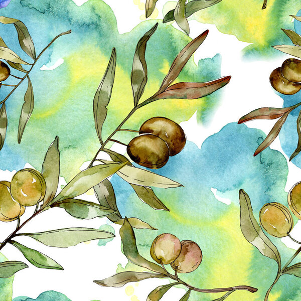 Green olives watercolor background illustration set. Watercolour drawing aquarelle. Seamless background pattern. Fabric wallpaper print texture.