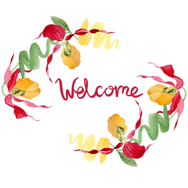 Lady slipper orchids watercolor frame illustration isolated on white with welcome lettering — Stock Image Lady Slipper Orchids Watercolor Frame Illustration Isolated White Welcome Lettering Stock Photo