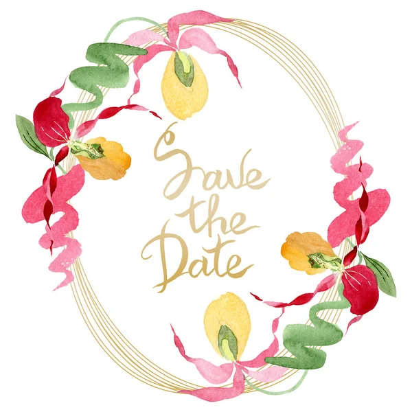 Lady slipper orchids watercolor frame illustration isolated on white with save the date lettering — Stock Image Lady Slipper Orchids Watercolor Frame Illustration Isolated White Date Lettering Stock Photo