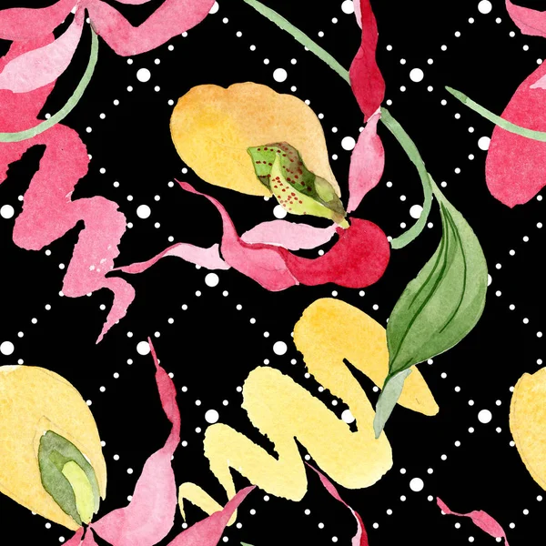 Lady slipper orchids with brushstrokes watercolor illustration on black background, seamless background pattern — Stock Image Lady Slipper Orchids Brushstrokes Watercolor Illustration Black Background Seamless Background Royalty Free Stock Photos