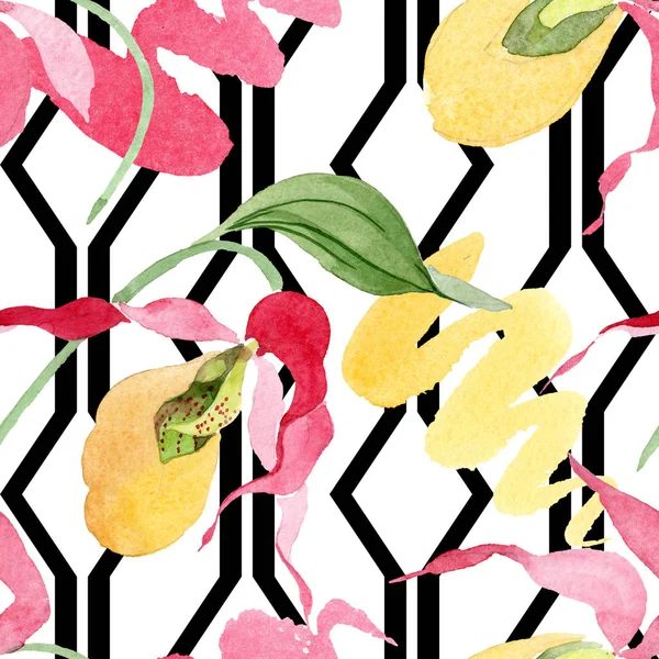 Lady slipper orchids with brushstrokes watercolor illustration on white background, seamless background pattern — Stock Image Lady Slipper Orchids Brushstrokes Watercolor Illustration White Background Seamless Background Royalty Free Stock Photos