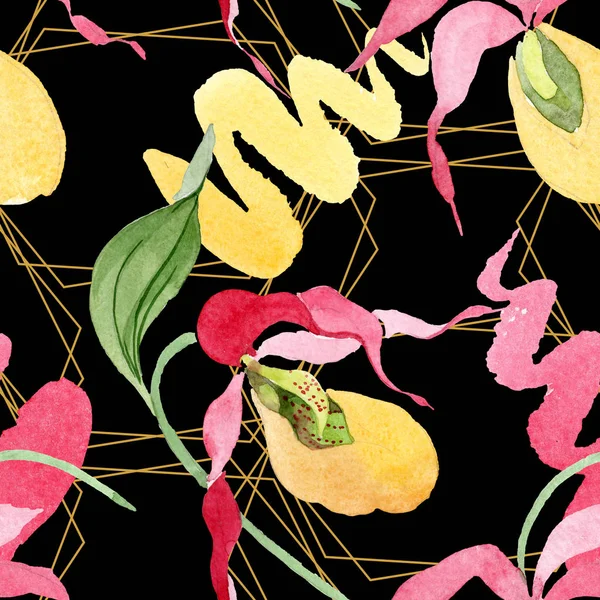 Lady slipper orchids with brushstrokes watercolor illustration on black background, seamless background pattern — Stock Image Lady Slipper Orchids Brushstrokes Watercolor Illustration Black Background Seamless Background Stock Image
