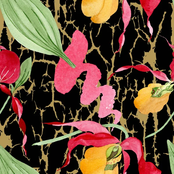 Lady slipper orchids with brushstrokes watercolor illustration on black background, seamless background pattern — Stock Image Lady Slipper Orchids Brushstrokes Watercolor Illustration Black Background Seamless Background Stock Photo