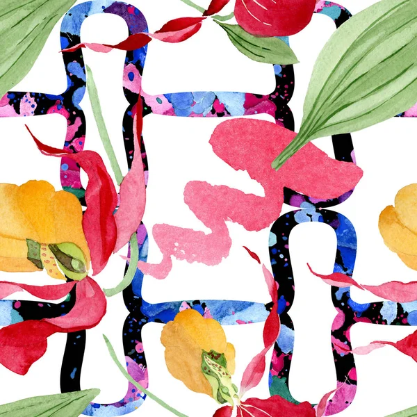 Lady slipper orchids with brushstrokes watercolor illustration on white background, seamless background pattern — Stock Image Lady Slipper Orchids Brushstrokes Watercolor Illustration White Background Seamless Background Stock Photo