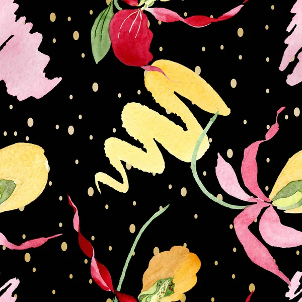 Lady slipper orchids with brushstrokes watercolor illustration on black background, seamless background pattern — Stock Image Lady Slipper Orchids Brushstrokes Watercolor Illustration Black Background Seamless Background Stock Image