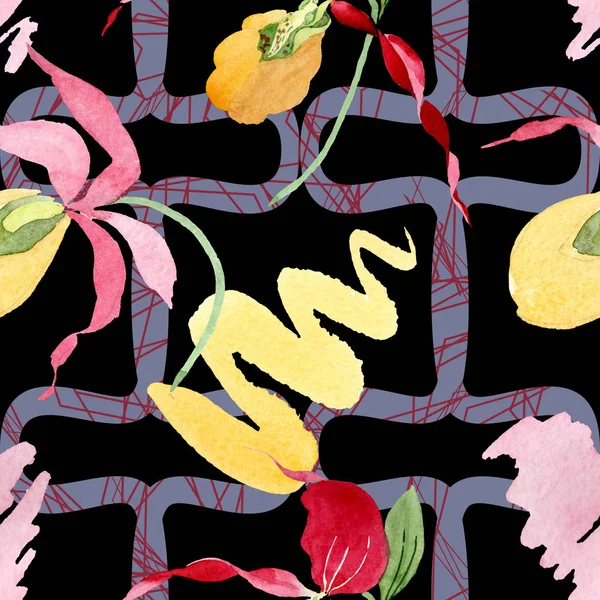 Lady slipper orchids with brushstrokes watercolor illustration on black background, seamless background pattern — Stock Image Lady Slipper Orchids Brushstrokes Watercolor Illustration Black Background Seamless Background Stock Picture