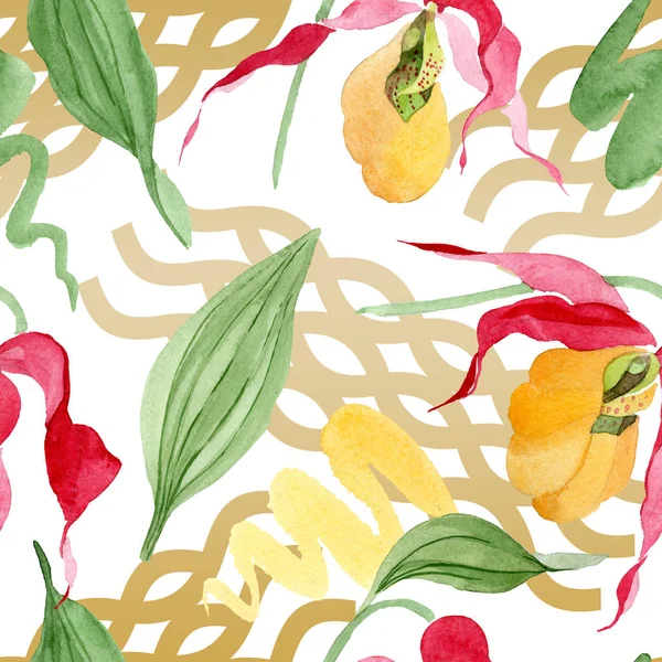Lady slipper orchids with brushstrokes watercolor illustration on white background, seamless background pattern — Stock Image Lady Slipper Orchids Brushstrokes Watercolor Illustration White Background Seamless Background Royalty Free Stock Photos