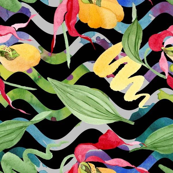 Lady slipper orchids with brushstrokes watercolor illustration on black background, seamless background pattern — Stock Image Lady Slipper Orchids Brushstrokes Watercolor Illustration Black Background Seamless Background Stock Photo