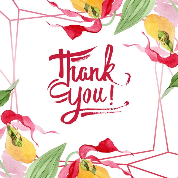 Lady slipper orchids watercolor frame illustration isolated on white with thank you lettering — Stock Image Lady Slipper Orchids Watercolor Frame Illustration Isolated White Thank You Stock Image