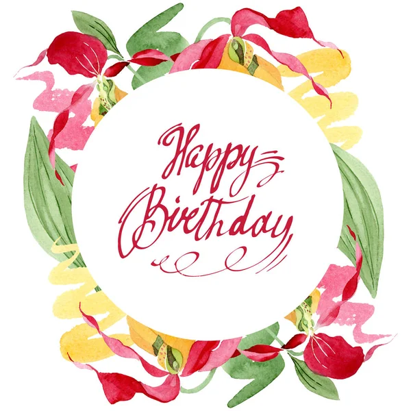 Lady slipper orchids watercolor frame illustration isolated on white with happy birthday lettering — Stock Image Lady Slipper Orchids Watercolor Frame Illustration Isolated White Happy Birthday Royalty Free Stock Images