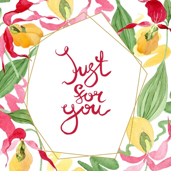 Lady slipper orchids watercolor frame illustration isolated on white with just for you lettering — Stock Image Lady Slipper Orchids Watercolor Frame Illustration Isolated White Just You Royalty Free Stock Photos
