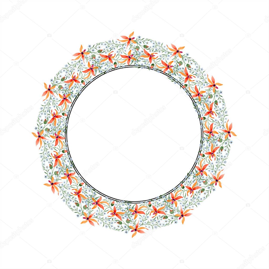 circle frame of blue and orange flowers. Watercolour drawing of background with orchids and forget me nots.
