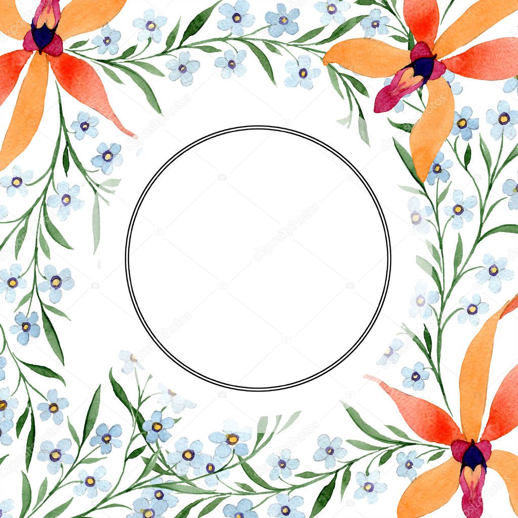 Blue and orange flowers as circle frame. Watercolour drawing of background with orchids and forget me nots.