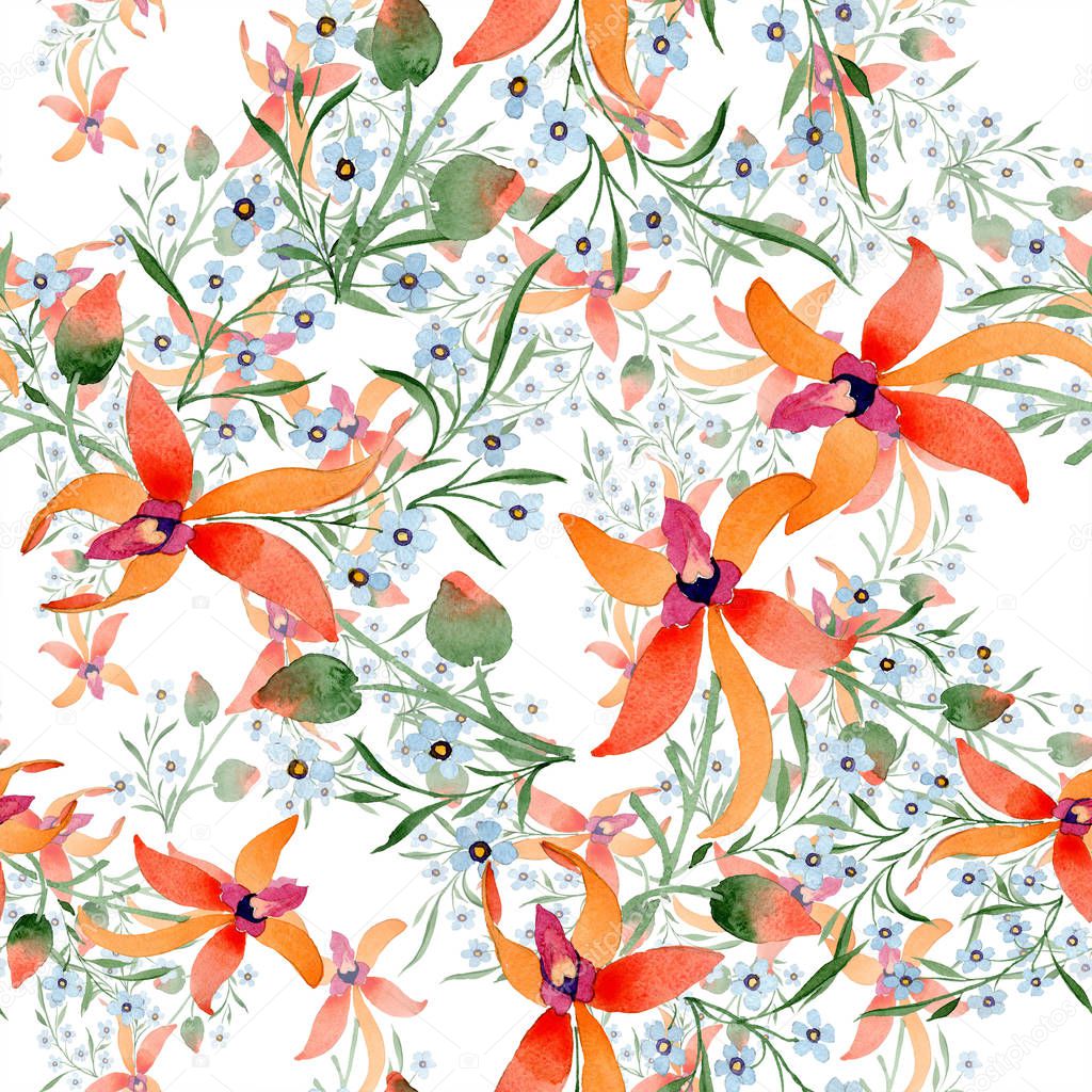 Blue and orange flowers. Watercolour drawing of background with orchids and forget me nots.