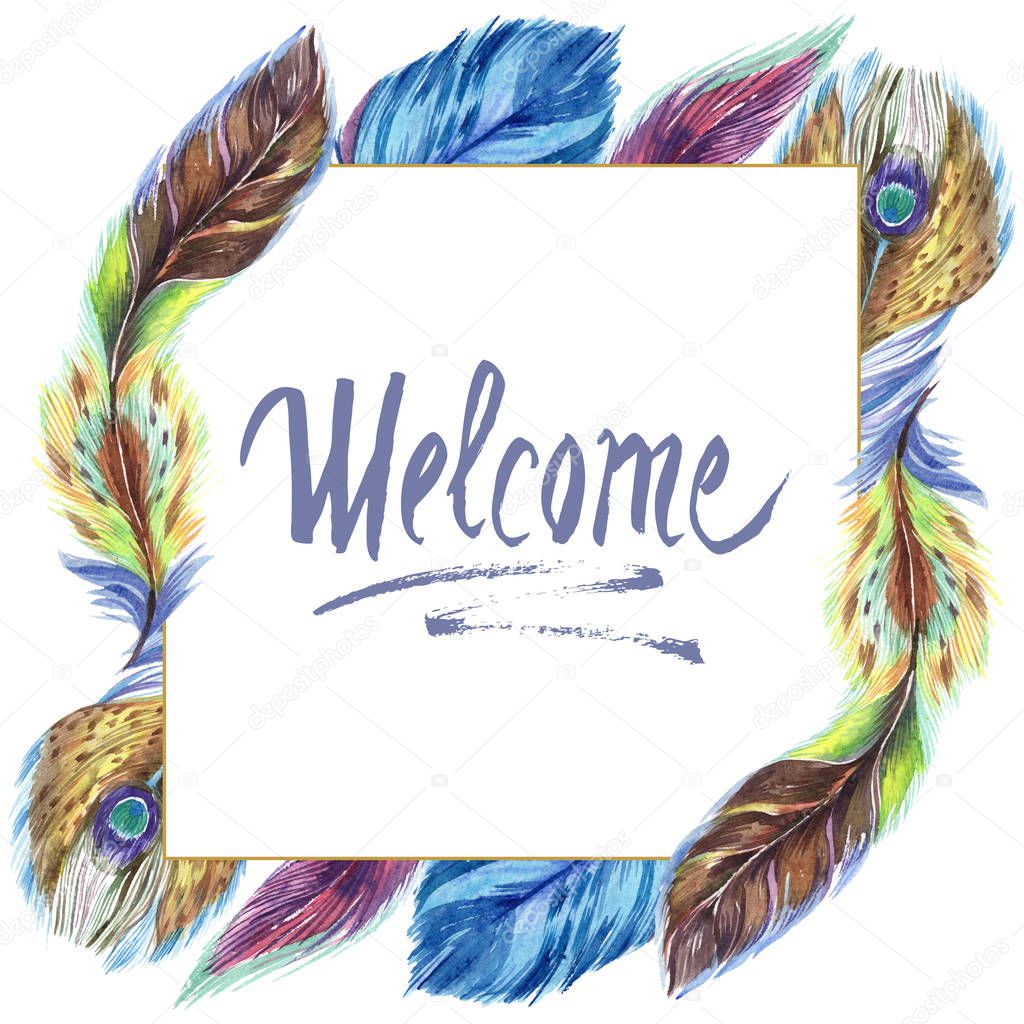 Colorful watercolor feathers isolated on white illustration. Frame border ornament with welcome lettering.