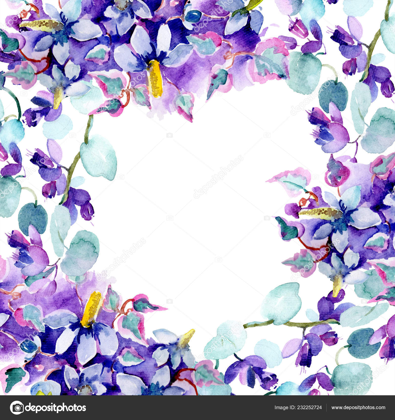 Frame Bouquet Purple Flowers Watercolor Background Illustration Set Watercolour Drawing Stock Photo Image By C Andreyanush