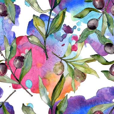Siyah zeytin suluboya arka plan illüstrasyon ayarlayın. Suluboya çizim moda aquarelle izole. Sorunsuz arka plan deseni. Kumaş duvar kağıdı yazdırma doku.