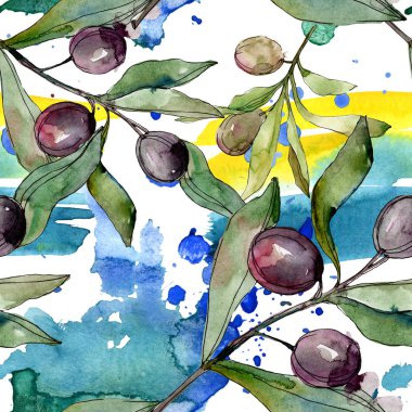 Siyah zeytin suluboya arka plan illüstrasyon ayarlayın. Suluboya çizim moda aquarelle izole. Sorunsuz arka plan deseni. Kumaş duvar kağıdı yazdırma doku.
