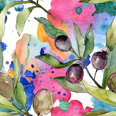 Siyah zeytin suluboya arka plan illüstrasyon ayarlayın. Suluboya çizim moda aquarelle izole. Sorunsuz arka plan deseni. Kumaş duvar kağıdı yazdırma doku.