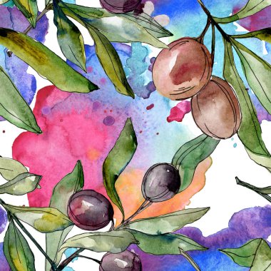 Siyah zeytin suluboya arka plan illüstrasyon ayarlayın. Suluboya çizim moda aquarelle izole. Sorunsuz arka plan deseni. Kumaş duvar kağıdı yazdırma doku.