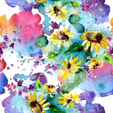 Kır çiçekleri ve ayçiçeği buket. Suluboya arka plan illüstrasyon küme. Suluboya çizim moda aquarelle izole. Sorunsuz arka plan deseni. Kumaş duvar kağıdı yazdırma doku.