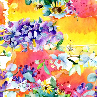 Ayçiçeği ve izole kır çiçekleri ile çerçeve. Suluboya arka plan illüstrasyon küme. Suluboya çizim moda aquarelle izole.