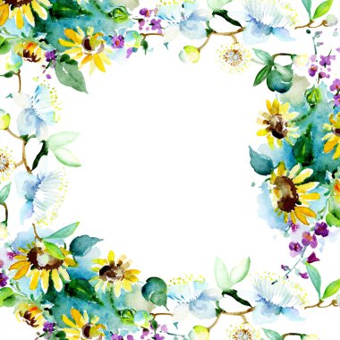 Çerçeve ile izole ayçiçeği. Suluboya arka plan illüstrasyon küme. Suluboya çizim moda aquarelle izole.