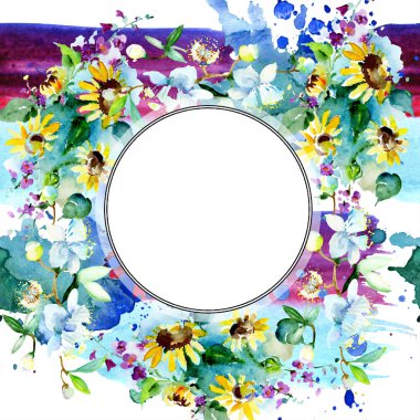 Frame with sunflowers and wildflowers isolated. Watercolor background illustration set. Watercolour drawing fashion aquarelle isolated. clipart