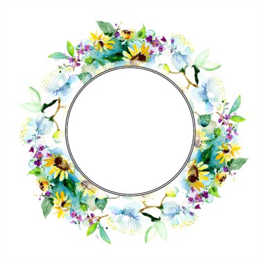 Çerçeve ile izole bahar kır çiçekleri. Suluboya arka plan illüstrasyon küme. Suluboya çizim moda aquarelle izole.