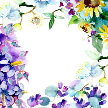 Çerçeve ile izole bahar kır çiçekleri. Suluboya arka plan illüstrasyon küme. Suluboya çizim moda aquarelle izole.