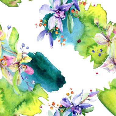 Pembe ve mor orkide çiçekler. Suluboya çizim moda aquarelle izole. Sorunsuz arka plan deseni. Kumaş duvar kağıdı yazdırma doku.