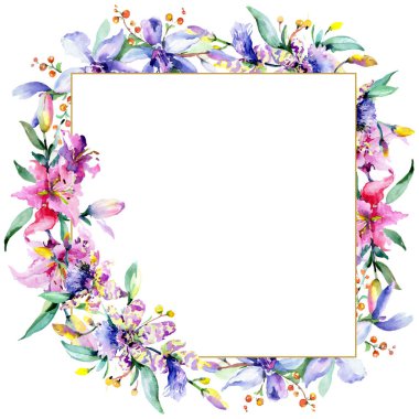 Frame with pink and purple orchid flowers. Watercolour drawing fashion aquarelle isolated. Ornament border  clipart