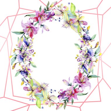 Pembe ve mor orkide çiçekli çerçeve. Suluboya çizim moda aquarelle izole. Süsleme sınır 