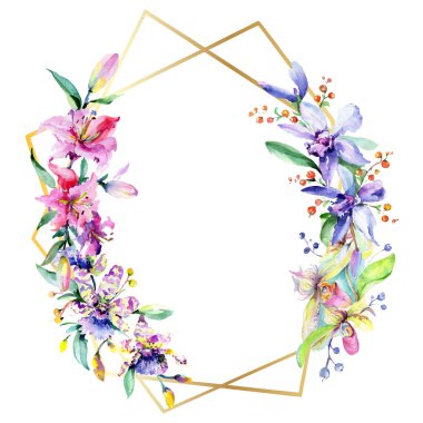 Pembe ve mor orkide çiçekli çerçeve. Suluboya çizim moda aquarelle izole. Süsleme sınır 