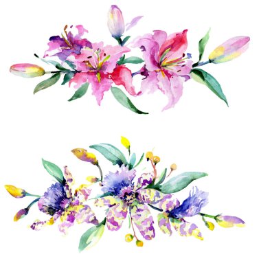 Pembe ve mor orkideler. Suluboya arka plan illüstrasyon küme. Suluboya çiçek buketi illüstrasyon öğesi.